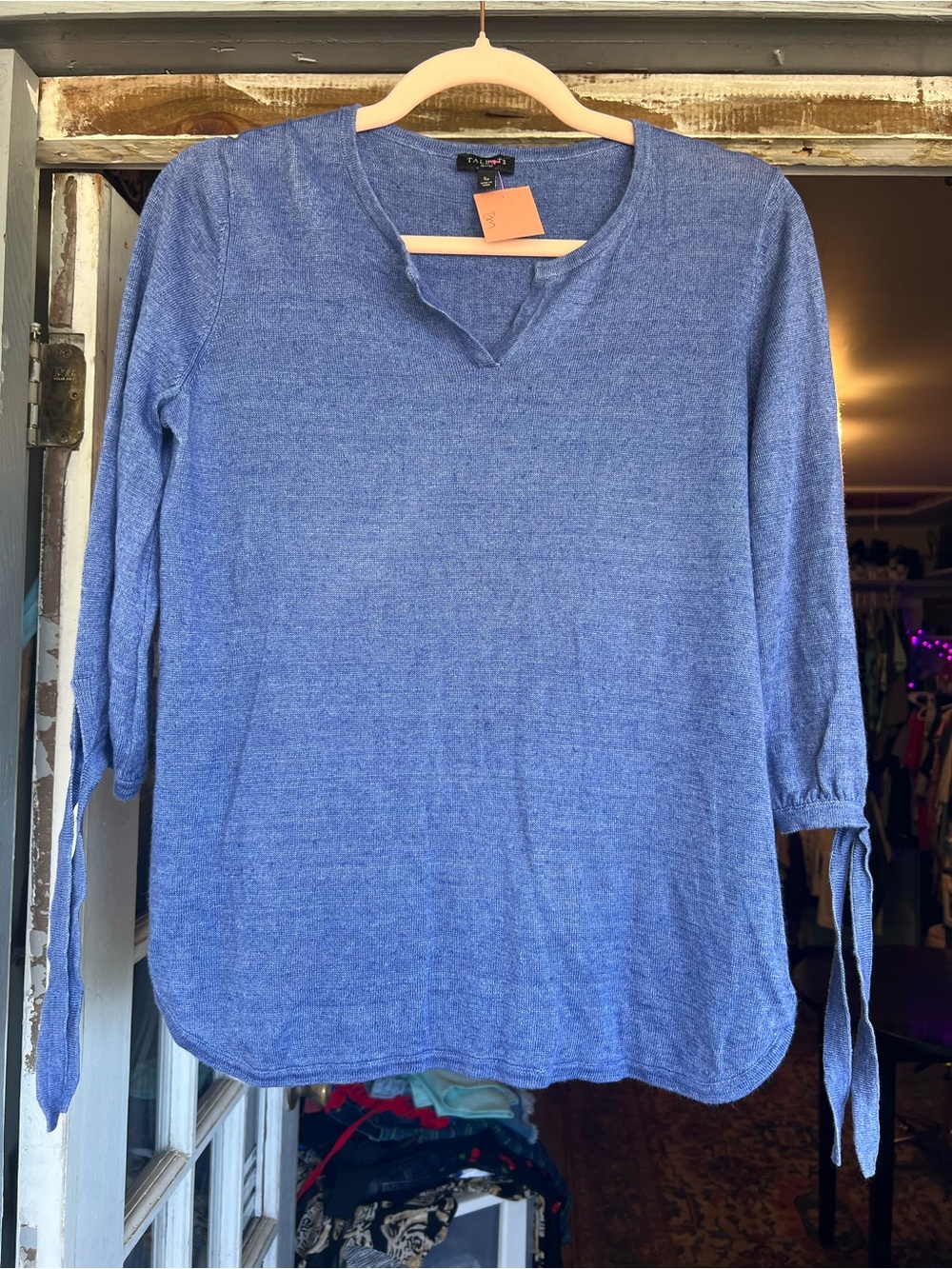 Talbots  100 % Linen Periwinkle V-Notch Tie-Sleeve Knit Top